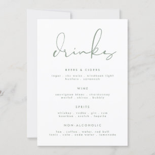 Modern Elegant Sage Green White Wedding Drink Menu