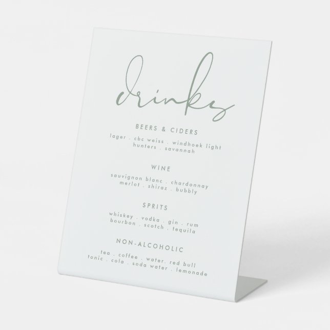 Modern Elegant Sage Green White Wedding Drink Menu Pedestal Sign (Front)