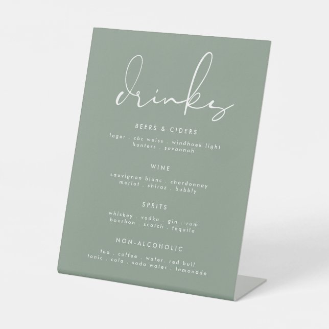 Modern Elegant Sage Green White Wedding Drink Menu Pedestal Sign (Front)