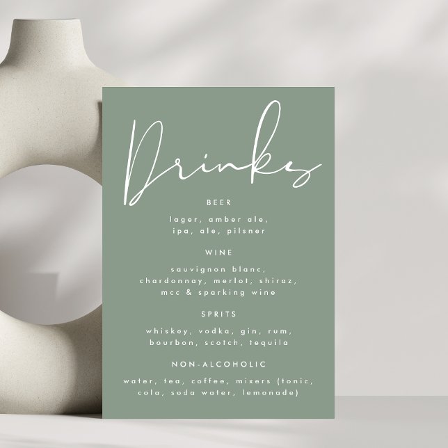 Modern Elegant Sage Green White Wedding Drink Menu Table Number (Creator Uploaded)