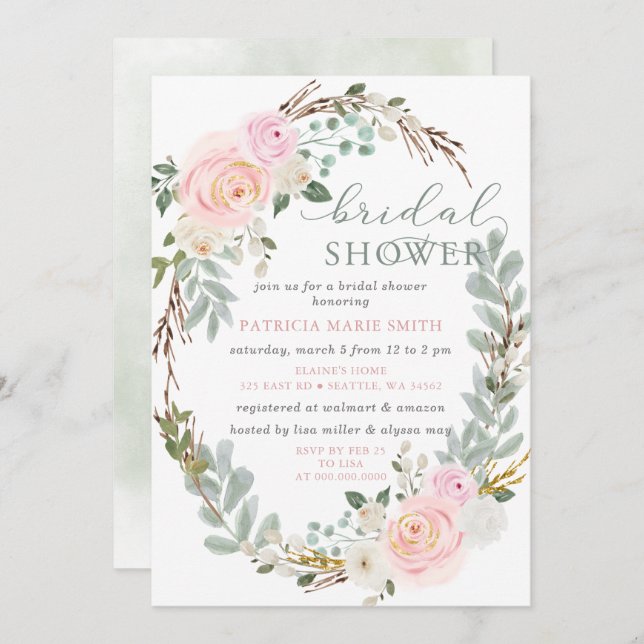 Modern Elegant Sage Pink Floral Bridal Shower Invitation (Front/Back)