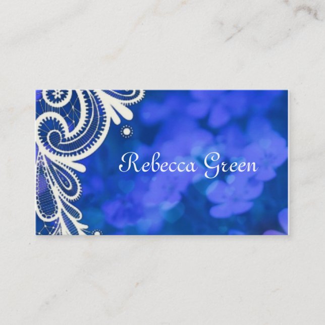 modern elegant sapphire blue and white lace business card (Front)