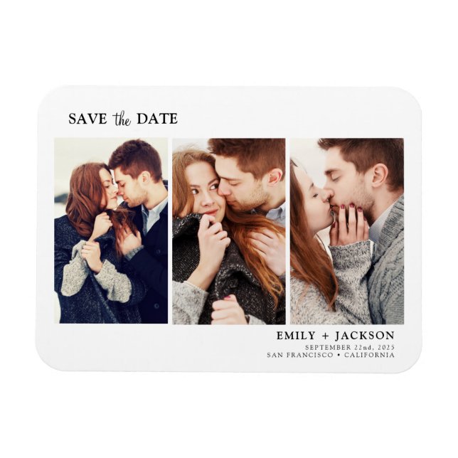 Modern Elegant Save the Date 3 Photo White Magnet (Horizontal)