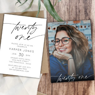 Modern Elegant Script 21st Birthday Party Photo Invitation