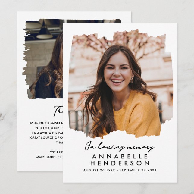 Modern Elegant Script 2-Photo Funeral/Memorial Thank You Card (Front/Back)