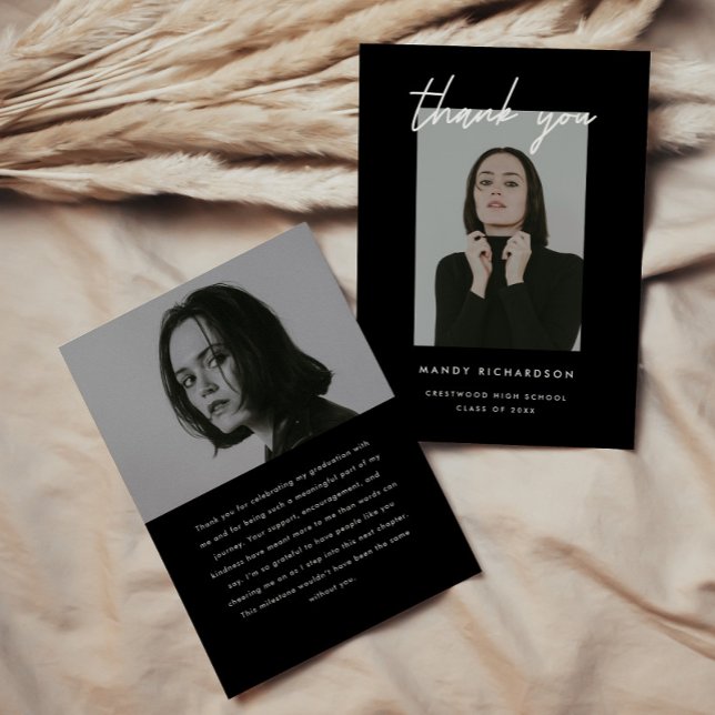 Modern Elegant Script 2-Photo Graduation Party Thank You Card (Creator Uploaded)