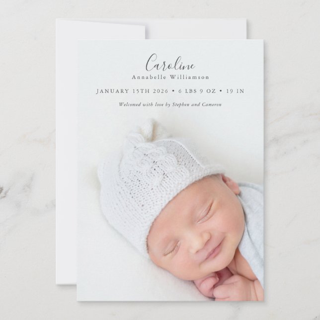 Modern Elegant Script 2 Photo Overlay Stats Birth Announcement (Front)