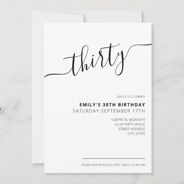 Modern Elegant Script 30th Birthday Invitation (Front)