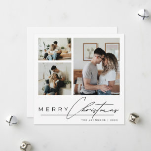 Modern Elegant Script 3 Photo Collage Christmas Holiday Card