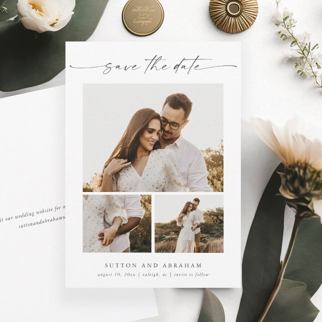 Modern Elegant Script 3 Photo Collage Save The Date (Am elegant minimalist 3 photo wedding save the date with modern handwritten script typography.)