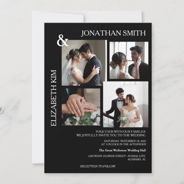 Modern Elegant Script 4 Photo Grid Overlay Wedding Invitation (Front)