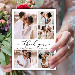 Modern Elegant Script 6 Photo Collage Wedding  Thank You Card