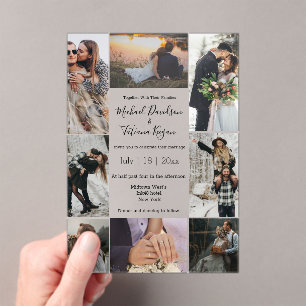 Modern Elegant Script 8 Photo Collage Wedding Acrylic Invitations