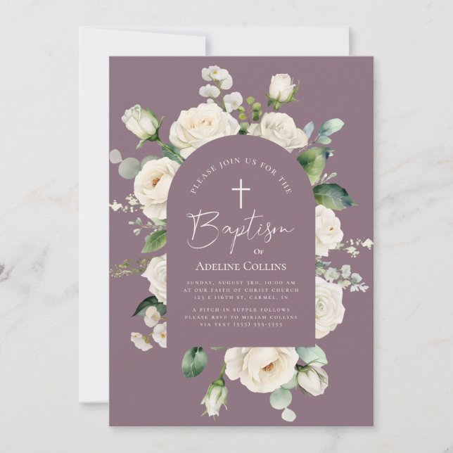 Modern Elegant Script Aged Lavender Baptism Invitation (Front)