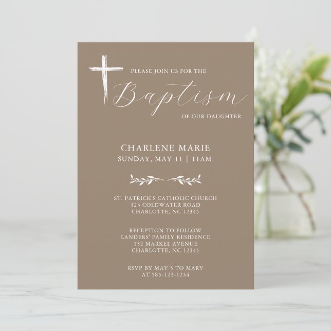 Modern Elegant Script Beige Baptism Invitation (Standing Front)