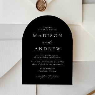 Modern Elegant Script Black and White Arch Wedding Invitation