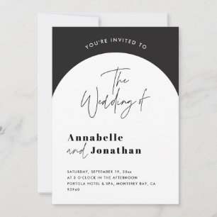 modern elegant script black and white arch wedding invitation