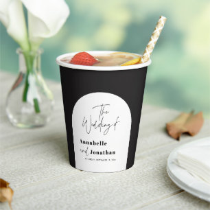 modern elegant script black and white arch wedding paper cups