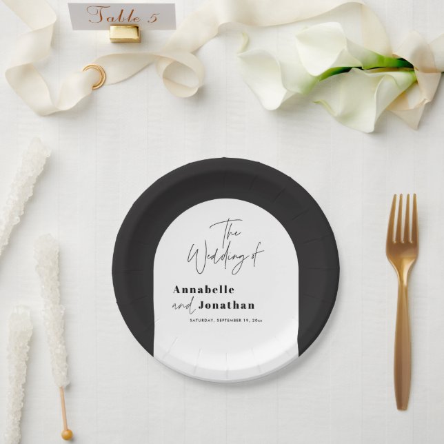 modern elegant script black and white arch wedding paper plate (Wedding)