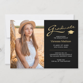 Modern Elegant Script Black & Gold | 2 Photo Grad Announcement