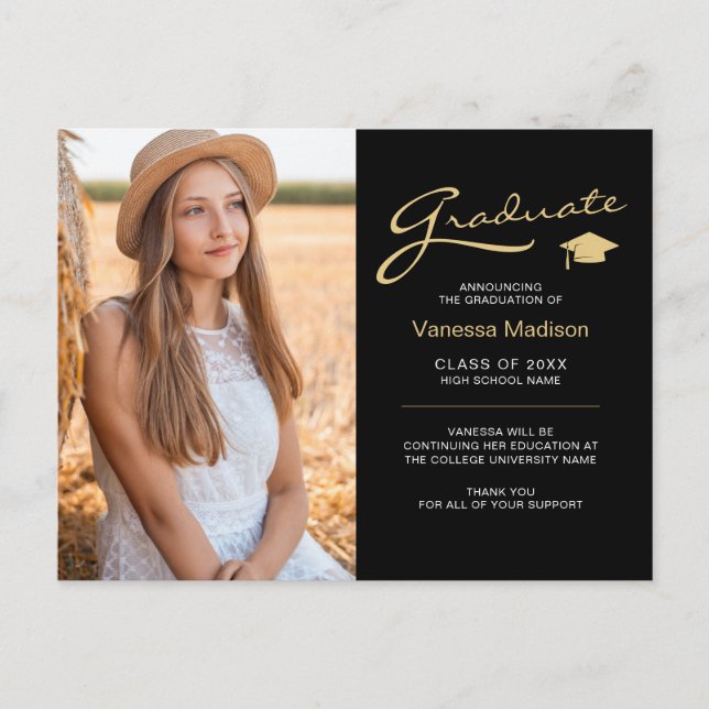 Modern Elegant Script Black & Gold | 2 Photo Grad Postcard (Front)