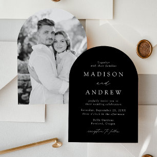 Modern Elegant Script Black Photo Arch Wedding Invitation