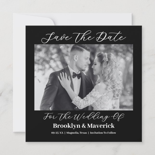 Modern Elegant Script Black White Wedding Photo Save The Date (Front)