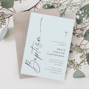 Modern Elegant Script Blue Boys Baptism Invitation