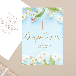 Modern Elegant Script Blue Flowery Cross Baptism Invitation