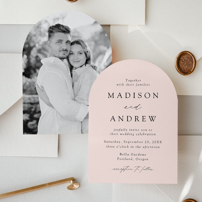 Modern Elegant Script Blush Photo Arch Wedding Invitation (Creator Uploaded)