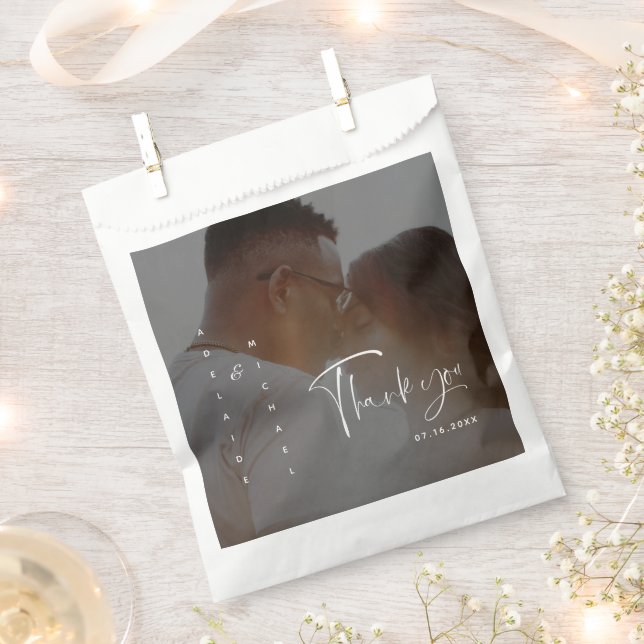 Modern Elegant Script Bride Groom Photo Wedding Fa Favour Bags (Clipped)