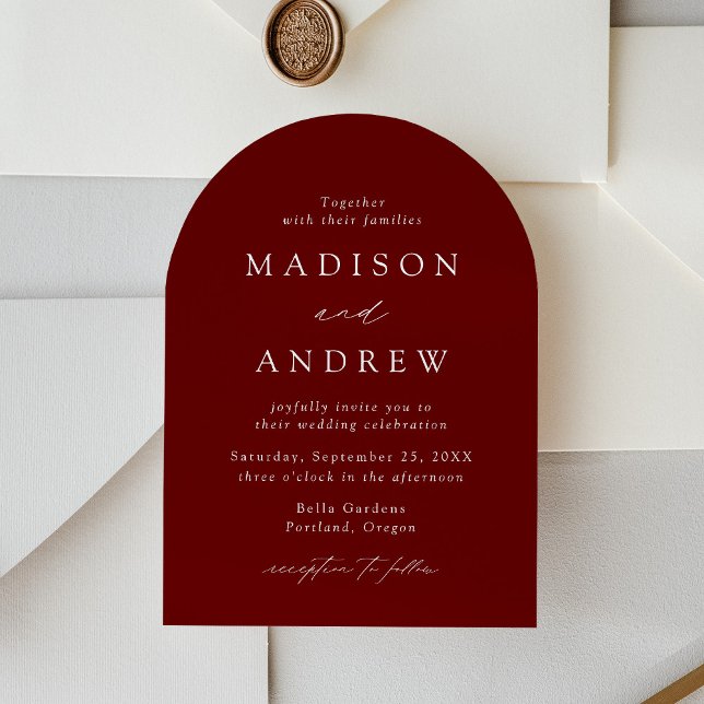Modern Elegant Script Burgundy Arch Wedding Invitation (Creator Uploaded)