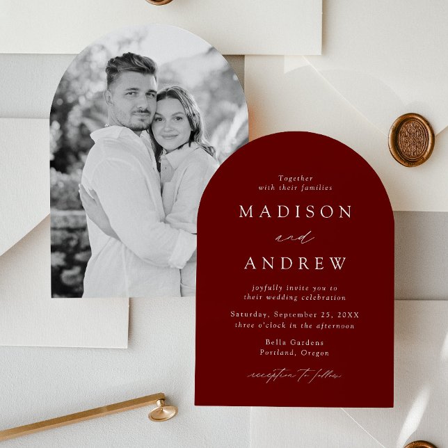 Modern Elegant Script Burgundy Photo Arch Wedding Invitation (Creator Uploaded)