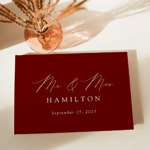 Modern Elegant Script Burgundy Photo Wedding Guest Book