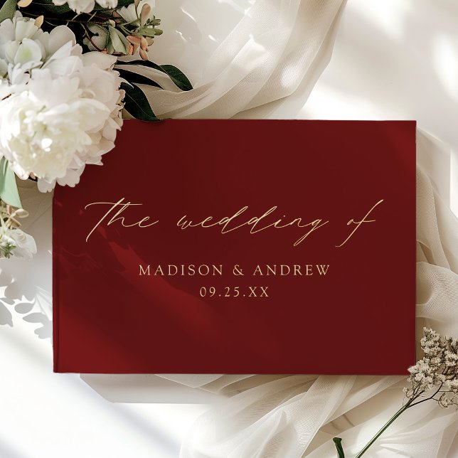 Modern Elegant Script Burgundy Photo Wedding Guest Book (Creator Uploaded)