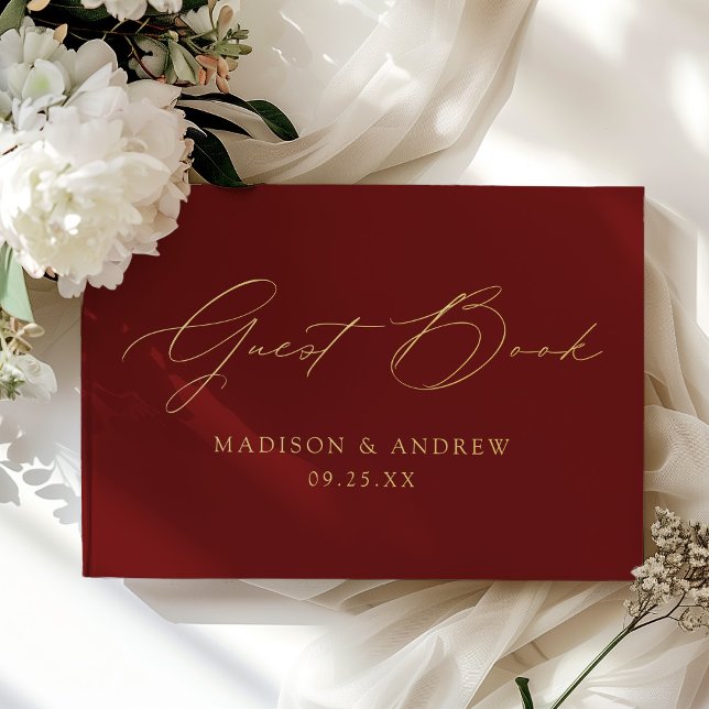 Modern Elegant Script Burgundy Photo Wedding Guest Book (Creator Uploaded)