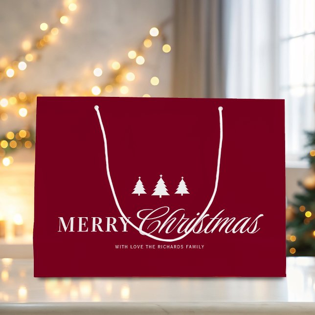 Modern Elegant Script Burgundy Red Christmas Large Gift Bag (A large bag is shown. Customize with your family name. Design repeats on front and back.)
