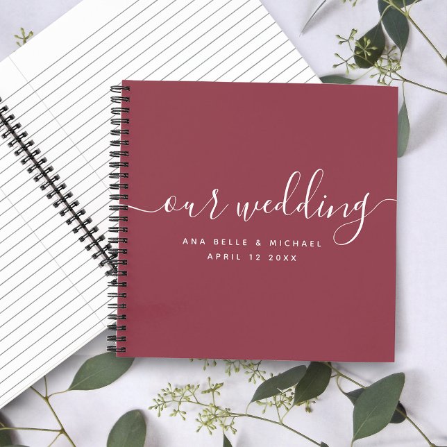 Modern Elegant Script Burgundy Red Wedding Guest Notebook (Creator Uploaded)