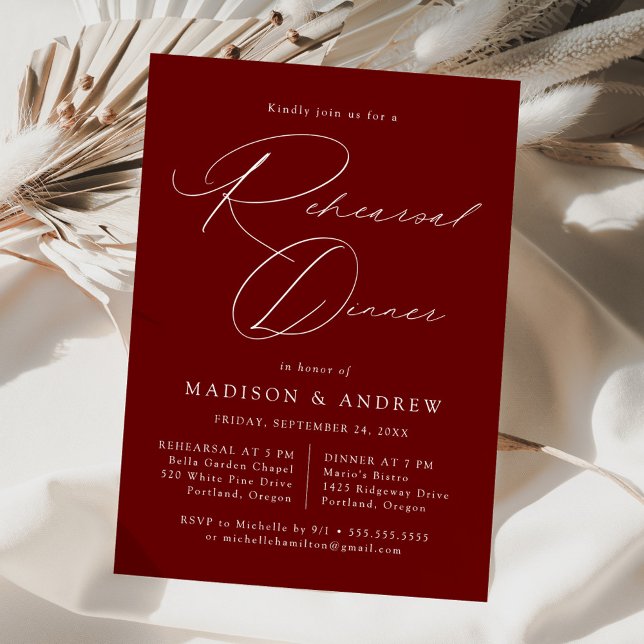 Modern Elegant Script Burgundy Rehearsal Dinner Invitation (Creator Uploaded)