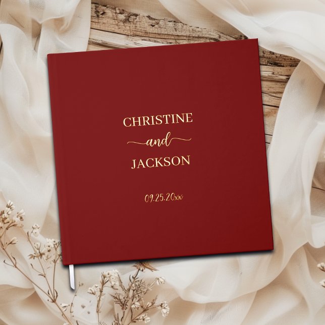 Modern Elegant Script Burgundy Wedding Gold Guest Book (Creator Uploaded)