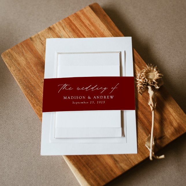 Modern Elegant Script Burgundy Wedding Invitation Belly Band (Creator Uploaded)