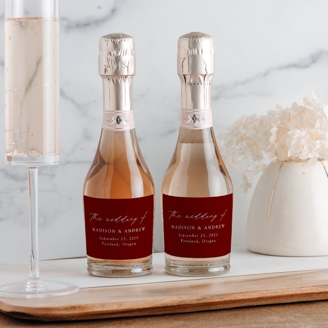 Modern Elegant Script Burgundy Wedding Sparkling Wine Label (Creator Uploaded)