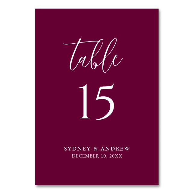 Modern Elegant Script Burgundy Wedding Table Number (Front)