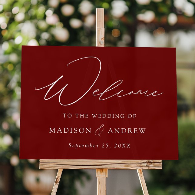 Modern Elegant Script Burgundy Wedding Welcome Acrylic Sign (Creator Uploaded)