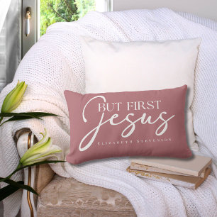 Modern Elegant Script But First Jesus Dusty Pink  Lumbar Cushion