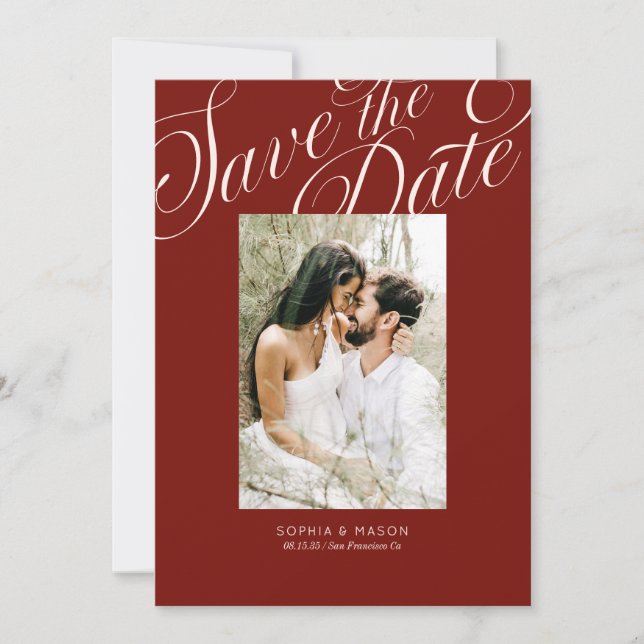Modern Elegant Script Calligraphy Terracotta Red Save The Date (Front)