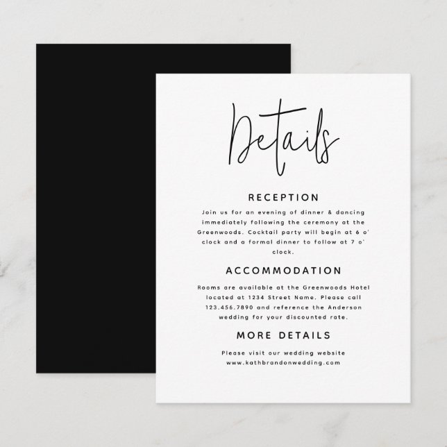 Modern Elegant Script Calligraphy Wedding Details (Front/Back)