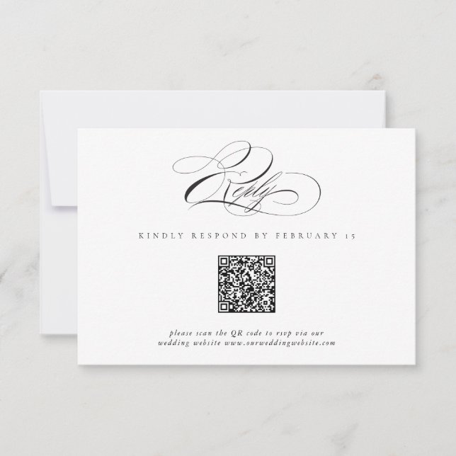 Modern Elegant Script Classic QR Code Wedding RSVP Card (Front)