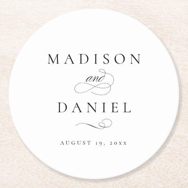Modern Elegant Script Classic Wedding Round Paper Coaster (Front)