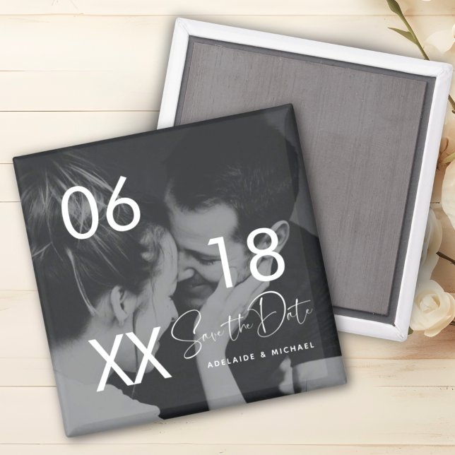Modern Elegant Script Couple Photo Save the Date Magnet (Creator Uploaded)